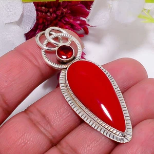 Red Coral & Red Garnet Designer Handmade 925 Sterling Silver Pendant 2.34" Sku37 - Bild 1 von 2