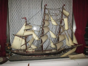 Antique Huge "Elva" Clipper? Schooner? Carved Wood w/ Metal Sails Ship - Picture 1 of 11
