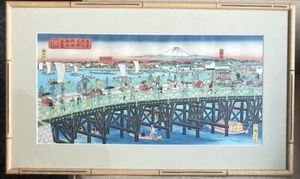 Antiker Holzschnitt Kunstdruck Hiroshige Rissai II Japan Brücke Szene Tokio Ryogoku - Bild 1 von 19