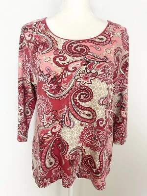 Karen Scott Petites Womens Blouse Size PXL Pink Paisley Scoop Neck 3/4 Sleeves - Image 1 of 4