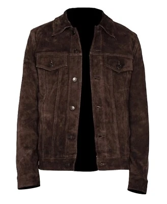 Men's Real Suede Leather Dark Brown Trucker Jacket Denim Style Classic Jacket - Image 1 of 4