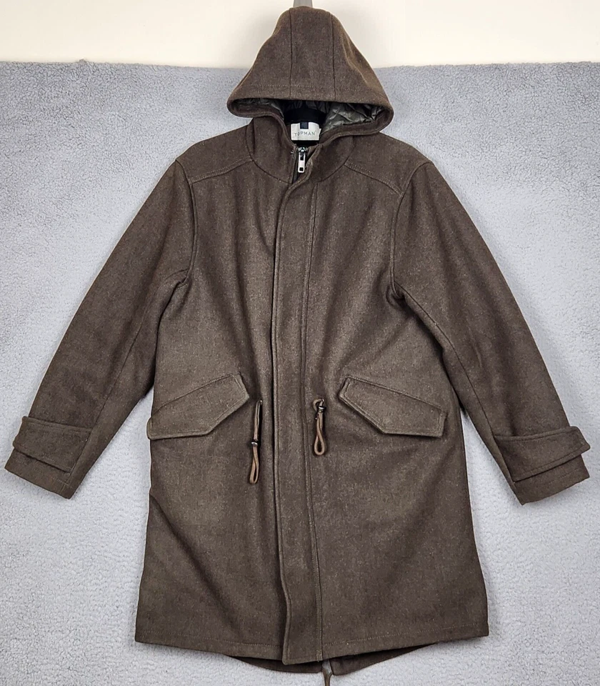 Abrigo TOPMAN Para Hombre Pequeño Verde Parka Cremallera Completa Con Capucha Botón a Presión Bolsillos Lana Foto 1 de 4