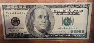 1996 Fancy serial number $100 bill. 11111114 - Picture 1 of 2