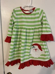 Girl's applique "SANTA" lime striped knit long sleeve swing dress Size 5 - Picture 1 of 5
