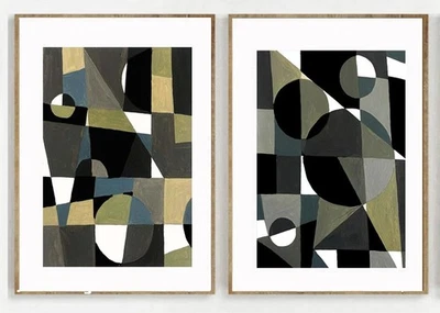 2件套原创几何艺术绘画,抽象丙烯酸绘画套装灰色 — 第 1/4 张图片