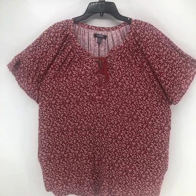 Blusa Chaps Mujer 2 XL Roja Floral Cuello en V Pullover Flutter Manga Corta Top Foto 1 de 4