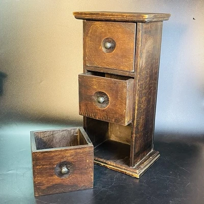 Carrito de madera vintage de 3 cajones arte popular primitivo encimera especias joyería 14 pulgadas Foto 1 de 4