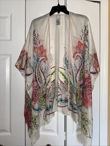 Chico's Ivory Floral Silk Modal Blend Kimono Braided Trim Size One Size~MINT~ - Picture 1 of 10
