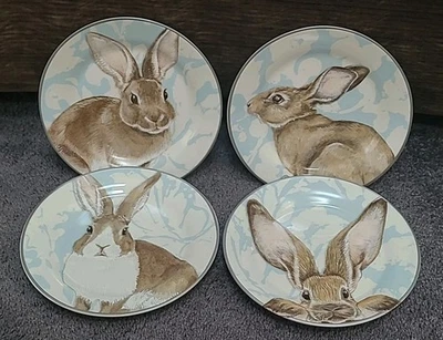 Williams Sonoma Damask Blue Easter Bunny 8” Set Of 4 Salad Dessert Plates NEW - Image 1 of 4