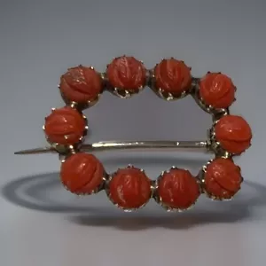 Antique Georgian Coral Pin Brooch with Carved Leaf Motif - Picture 1 of 5