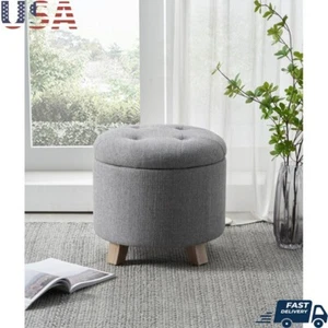 Round Tufted Storage Ottoman Gray Faux Linen Footrest W/ Hidden Compartment New - Picture 1 of 12