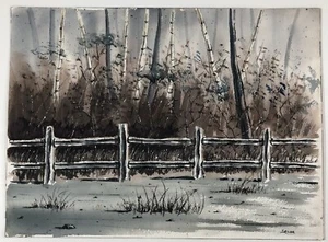 Vintage Watercolor Painting - Wood Fence by Forest Signed Lazor Folk Art 9x12” - Picture 1 of 6