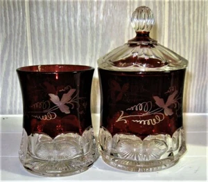 EAPG *** RUBY STAINED = BLOCKED THUMBPRINT BAND = COVERED SUGAR AND SPOONER - Picture 1 of 7