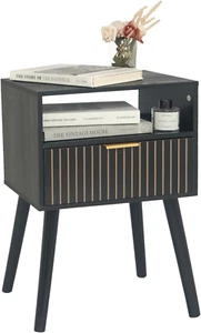 Black Nightstand with Drawer, Mid Century Modern Bedside Table with Open Shelf S - Picture 1 of 7