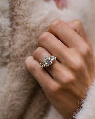 3.74 CT Old Mine Cushion Cut Moissanite Three Stone Ring, Promise Ring For Wife - Image 1 of 4