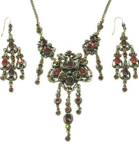 VTG BEN AMUN Necklace 20"& Earrings 3" Victorian Revival Multicolor Rhinestones 