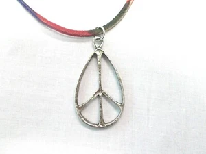 Peace Sign Symbol Rain Drop Vintage Pewter Pendant 22" Rainbow Suede Necklace - Picture 1 of 2