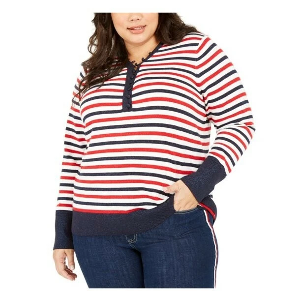 Tommy Hilfiger Mujer Talla Grande Metálico-Tripe Henley Top 3X Marfil Multi-todo Foto 1 de 1