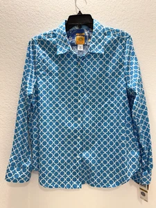 NEW Women's Ruby Rd. Button Blouse Top Shirt Size 14 Long Sleeve BLUE geometric - Picture 1 of 17