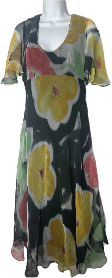 Vestido midi de hadas floral coqueto transparente con volantes de seda años 60 Mr Blackwell S/M Foto 1 de 4