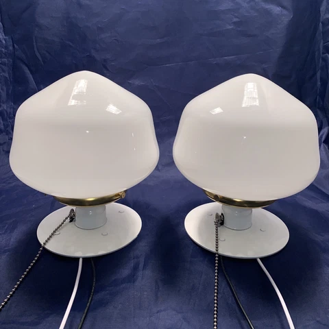 Pair Of NOS General Electric Pull Chain Milk White Globes Brass Fitters 37D Cover