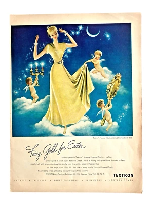 Vtg Textron Hostess Coat Print Ad Fairy Gold For Easter Angels Clouds Stars Moon - Image 1 of 2