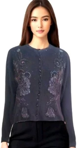 ViVien Forest vtg black lambs wool angora beaded sequin cardigan sweater L - Picture 1 of 16