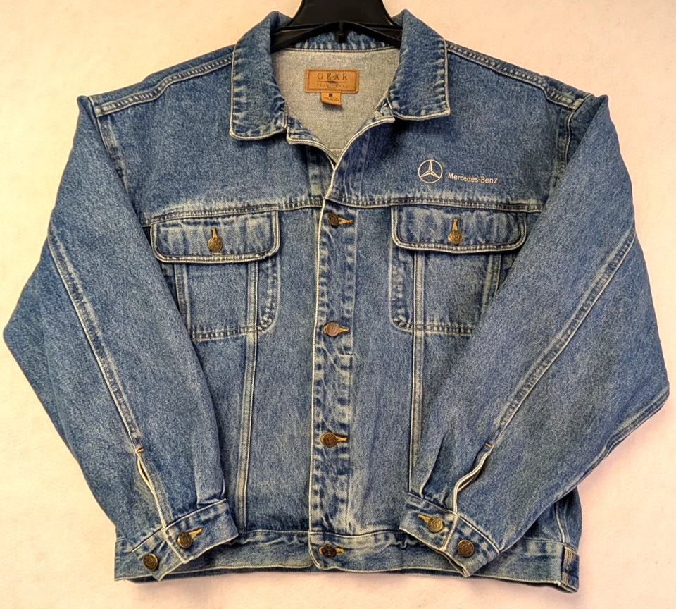 VTG Trucker Denim Jean Jacket Mercedes Benz Embroidered Medium Acid Wash Mens L - Image 1 of 4