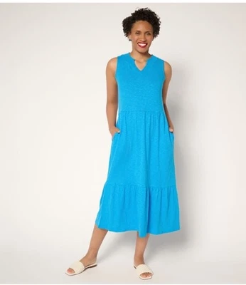 Denim & Co. Regular Linen Blend Midi Dress with Smock Neck Blue Medium A692774 - Image 1 of 2