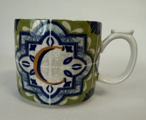 Anthropologie Blue Green Tile Ceramic Coffee Mug Thumb Rest Handle Initial C - Picture 1 of 4