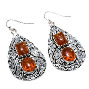 Báltico Ámbar Piedra Preciosa Hecho a Mano 925 Plata de Ley Joyería Pendientes - Imagen 1 de 5