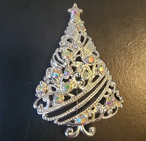Broche prendedor de árbol de Navidad con diamantes de imitación y tonos plateados vacaciones 2,25" de alto - Imagen 1 de 5