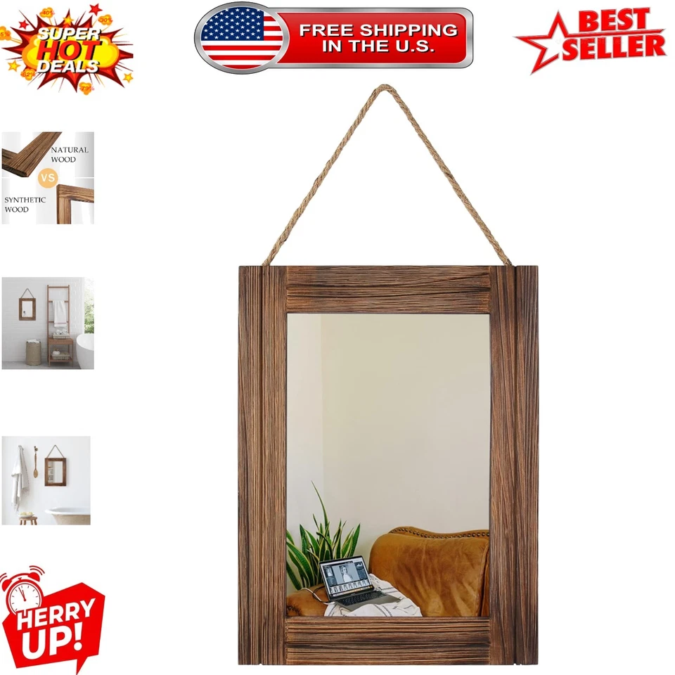 16 X 12 Inch Rustic Wood Framed Wall Mirror With Hanging Rope for Farmhouse