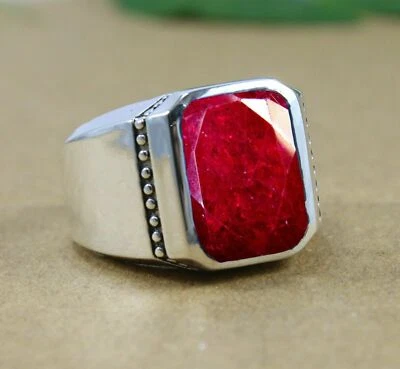 Solid 925 Sterling Silver Natural Ruby Corundum Cut Gemstone Bohemian Men's Ring - Image 1 of 4