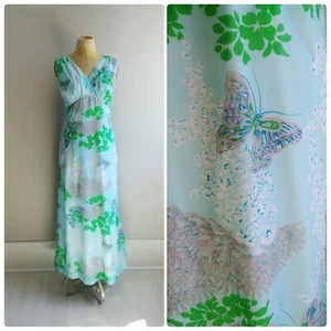 Small Vintage 1960s Hawaiian Butterfly Lilac Print Dress Tropical Summer Maxi - Picture 1 of 9