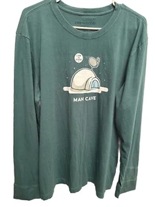 Life Is Good Men’s Size Large Crusher Tee Green L/S Cotton Crew Tee “MAN CAVE” - Picture 1 of 7