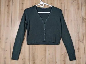 Brandy Melville Cropped Ribbed Cardigan Sweater Green V-neck Knit MH217 - Picture 1 of 8