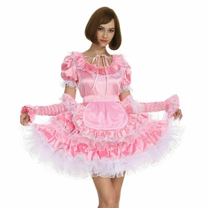 Lockable Sissy Girl Sexy Maid Pink Satin Dress CD/TV cosplay Costumes Tailored - Picture 1 of 5
