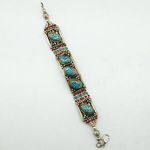 JNB01 $ NEW ARRIVAL $ TIBETAN HAND-CARVED SILVER AND TURQUOISE ETHNIC BRACELET