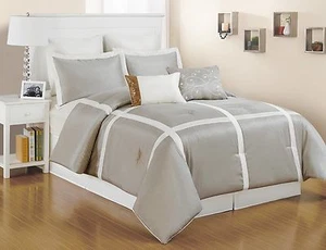 Juego de 8 piezas de ropa de cama de seda sintética, topo claro y rayas blancas tallas Queen y King - Imagen 1 de 4