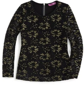 $48 AQUA Girls’ Metallic Lace Top, Black, Size L - Picture 1 of 1