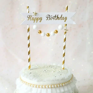Paper Cake Topper Banner Flag Gold Ball Star Happy Birthday for Party Decoration - Picture 1 of 4