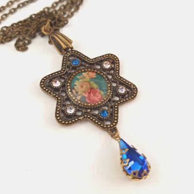 Star of David Necklace Michal Negrin Romantic Roses Blue Crystals Vintage Gift - Image 1 of 4