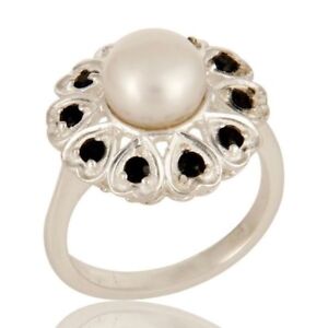 925 Sterling Silver Natural White Pearl And Black Spinel Flower Cocktail Ring
