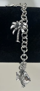 Beach/Ocean Theme 925 Sterling Silver Charm Bracelet - Fish, Palm, Starfish - Picture 1 of 3