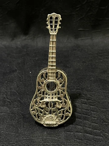 Vintage 800 Silver 3D Miniature Filigree Guitar Instrument for Doll House Cover