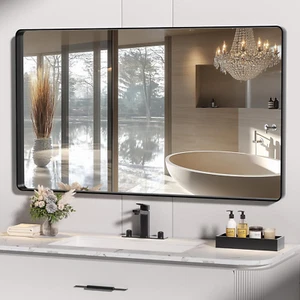 Black Bathroom Mirror for Wall, 51 X 30 Inch Metal Framed Bathroom Mirrors for o - Picture 1 of 6