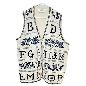 Alphabet Cardigan Sweater Vest Women's 14/16 L XL Off White Blue Floral Vtg BIB - Picture 1 of 8