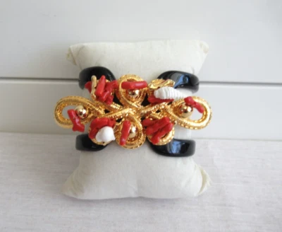 Brazalete de plástico sintético coral y conchas marinas negro, dorado, rojo, blanco, talla S/M Foto 1 de 4