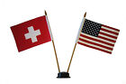Usa & Switzerland 4" X  6" Double Stick Flag With Black Stand On 10" Plast. Pole